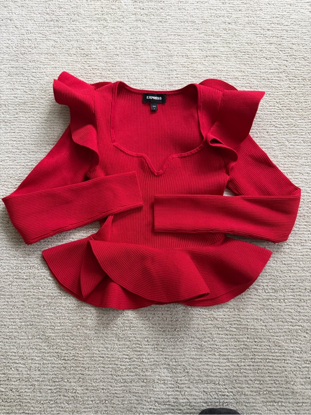 Express Red Ruffle V-Neck Sweater small